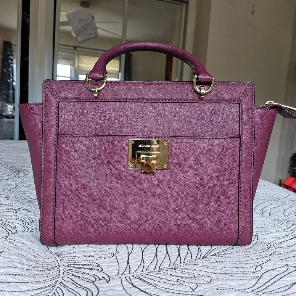 VGUC Michael Kors Black Tina Small Satchel Crossbody Purple Saffiano Leather